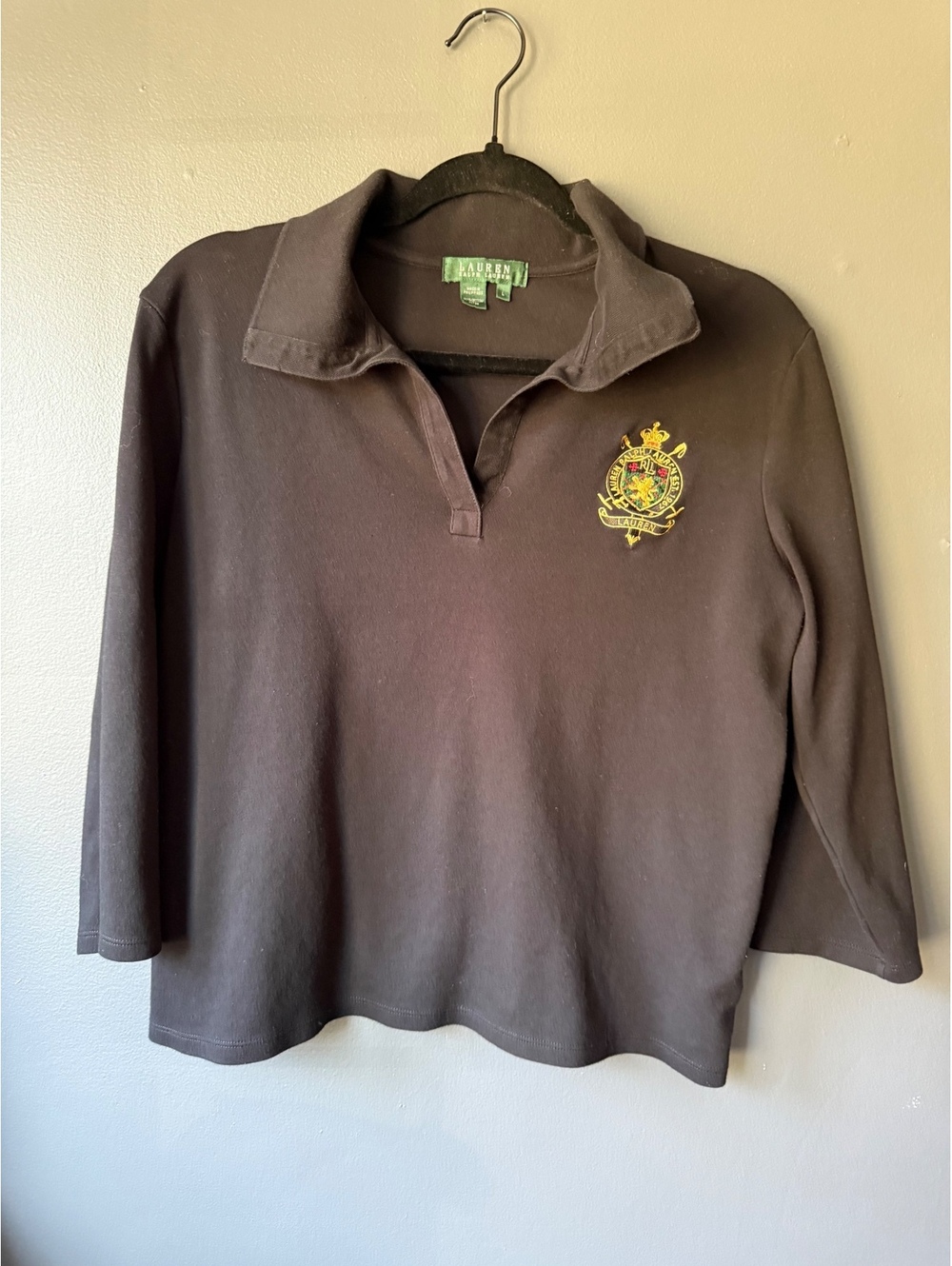 Lauren Ralph Lauren Black Cotton Long Sleeve Polo Shirt Size L